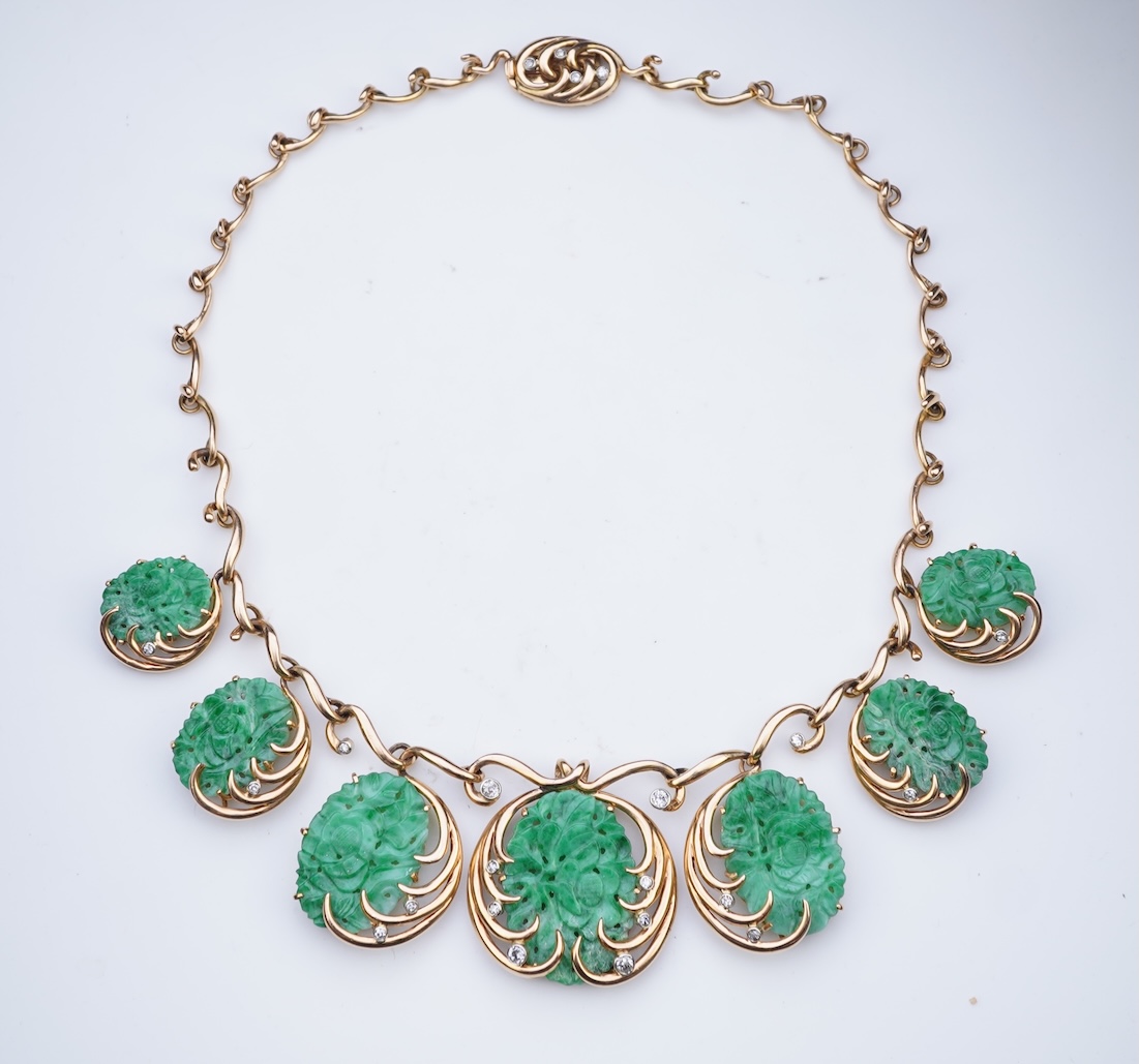 A jadeite and diamond necklace, mid 20th century